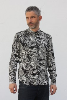 Baïsap - Camisa Palmeras Blanca y Negra  - Camisa masculina estampada de viscosa 