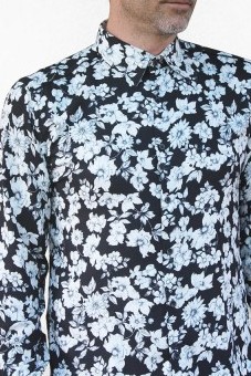 Baïsap - Mens black floral shirt - Gray Flowers - Big flowers print on black viscose