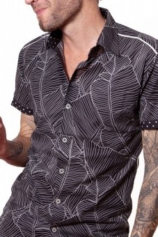 Baïsap - Black short sleeve - Banana Leaf - Leaves printed shirt for men