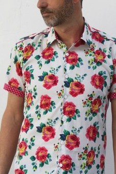 Baïsap - Mens pink short sleeve shirt - Roses - Roses print on white light cotton cambric