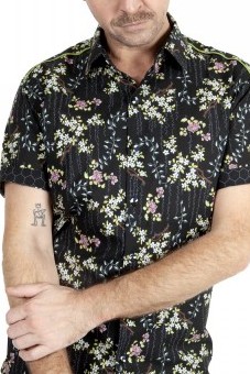 Baïsap - Floral shirt black short sleeve - Jasmine - Black & pink dress shirt for men