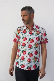 Baïsap -  Camisa rosa manga corta hombre - Rosas  - Camisa masculina floral, de algodón ligero