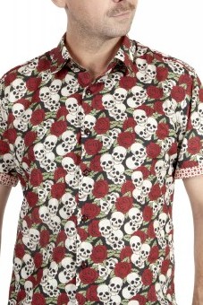 Baïsap - Tatoo dress shirt short sleeve - Skull Roses - Floral skull shirt vintage style for men