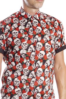 Baïsap - Red and black shirt short sleeve - Skull - Floral half shirt with skulls