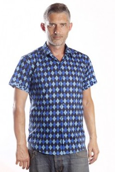 Baïsap - Camisa de rombos manga corta - Jacquard Azul - Chemise à carreaux bleu et noir