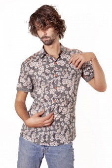 Baïsap - Camisa manga corta flores hombre - Cerezo Gris - Camisa manga corta estampada gris y blanca
