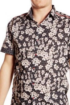 Baïsap - Black shirt with flowers, short sleeve - Alveole - Black and white shirt for men