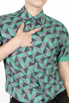Baïsap - Triangle print shirt short sleeve - Green and gray shirt slim fit