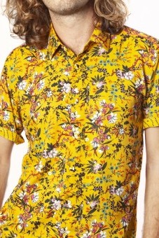 Baïsap - Mustard floral shirt - Sakura - Japanese print shirt short sleeved