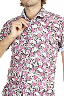 Baïsap - Floral skull shirt short sleeve - Pink & blue printed button up