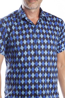 Baïsap - Argyle shirt, short sleeve - Blue Jacquard - Chemise à carreaux bleu et noir