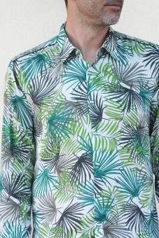 Baïsap - Palm shirt - Green leaves print on white rayon