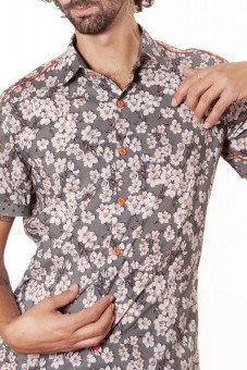 Baïsap - Blossom shirt short sleeve - Gray Blossom - Gray and white japanese print shirt