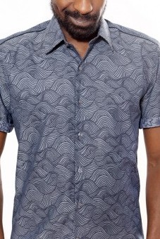 Baïsap - Chambray shirt, short sleeve - New Wave - Printed blue shirt for men