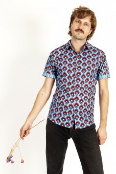 Baïsap -  Camisa azul y roja manga corta - Hortênsia - Camisa floral vintage de algodón 