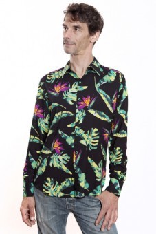 Baïsap - Camisa negra con flores hombre - Aves del Paraíso - Camisa hawaiana manga larga de viscose