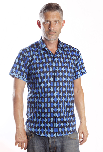 Baïsap - Argyle shirt, short sleeve - Blue Jacquard - Chemise à carreaux bleu et noir