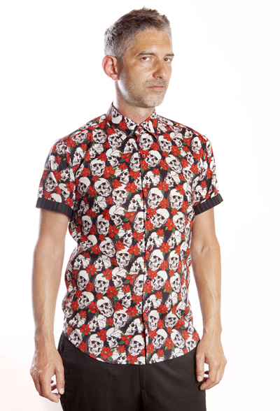 Baïsap - Red and black shirt short sleeve - Skull - Floral half shirt with skulls