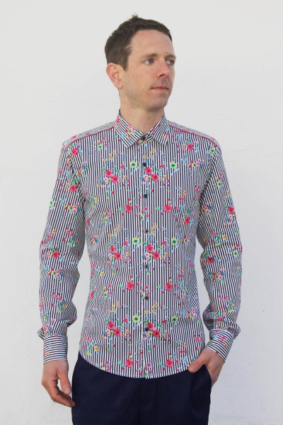 Baïsap - Striped men's floral button up - Tea Time - Thick poplin dress shirt, marine stripes & floral pattern