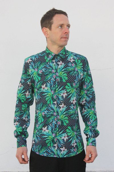 Baïsap - Camisa hawaiana manga larga - Grano De Arroz - Camisa tropical de algodón ligero estampado