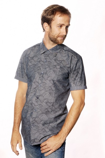 Baïsap - Chambray shirt, short sleeve - Waves - Printed blue shirt for men