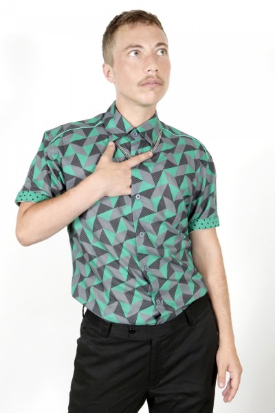 Baïsap - Triangle print shirt short sleeve - Green and gray shirt slim fit