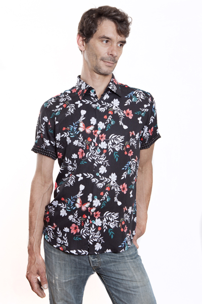 Baïsap - Mens butterfly short sleeve shirt - Foraging - Black printed shirt, butterflies & flowers