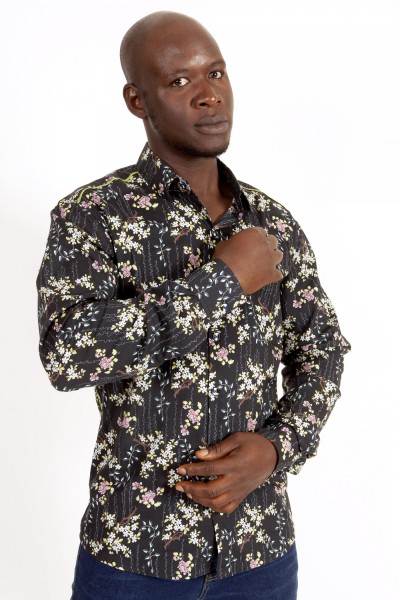 Baïsap - Chemise noire fleurie homme - Jasmin - Chemise noir et rose imprimée