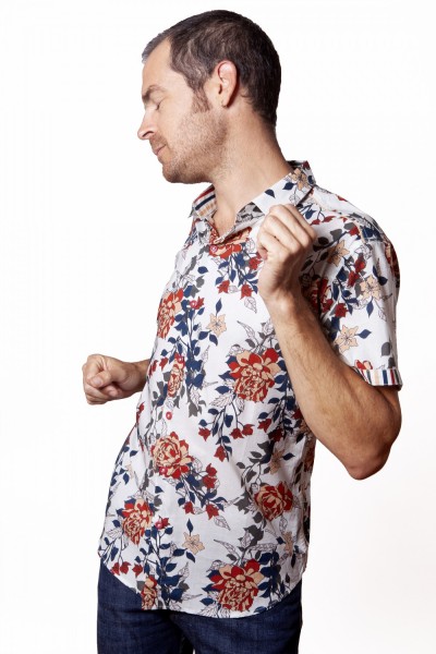 Baïsap - White floral shirt short sleeve - Peony - Fitted short sleeve shirts for men