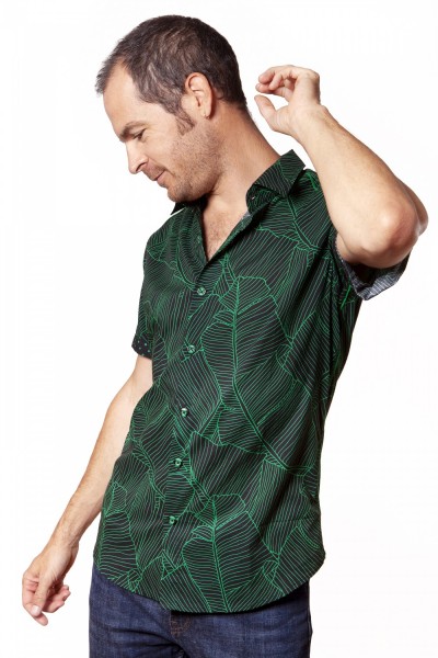 Baïsap - Hemd kurzarm grün - Blätter - Leichtes Baumwollhemd Herren