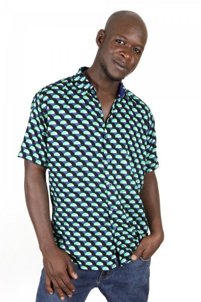 Baïsap - Camisa africana manga corta - Wax - Camisa verde y azul masculina 