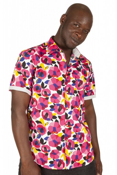 Baïsap - Camisa floreada rosa - Damasco - Camisa gruesa manga corta hombre