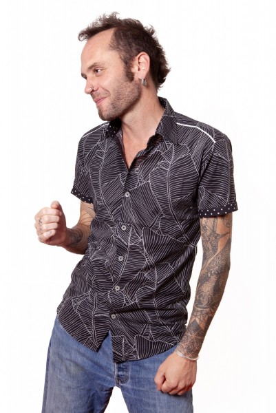 Baïsap - Camisa manga corta negra y gris - Hojas - Camisa hojas masculina entallada 