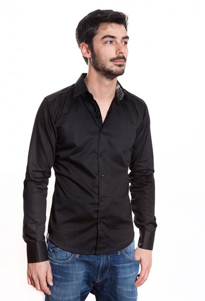 Baïsap - Camisa negra masculina - Serpiente - Camisa entallada de algodón grueso 