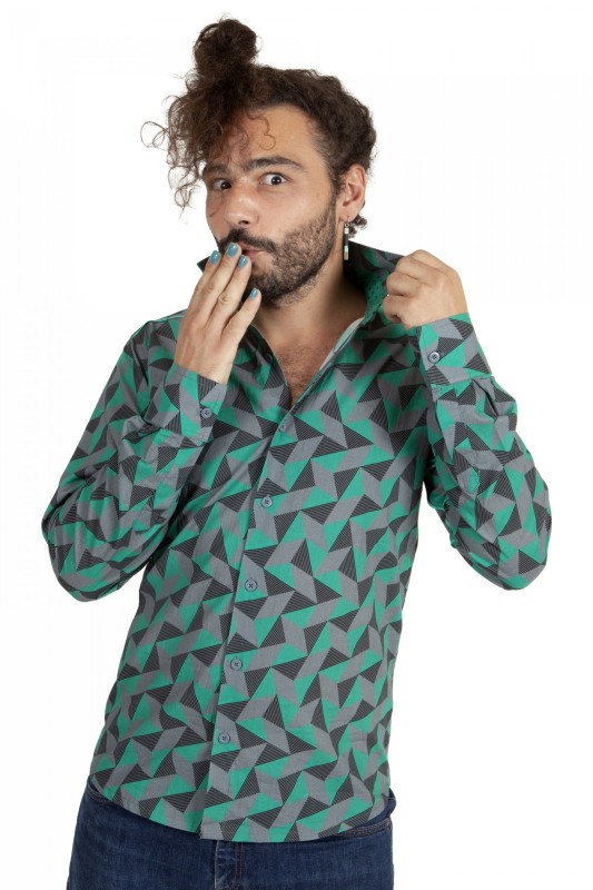 Baïsap - Triangle print shirt - 90's - Green and gray shirt slim fit 