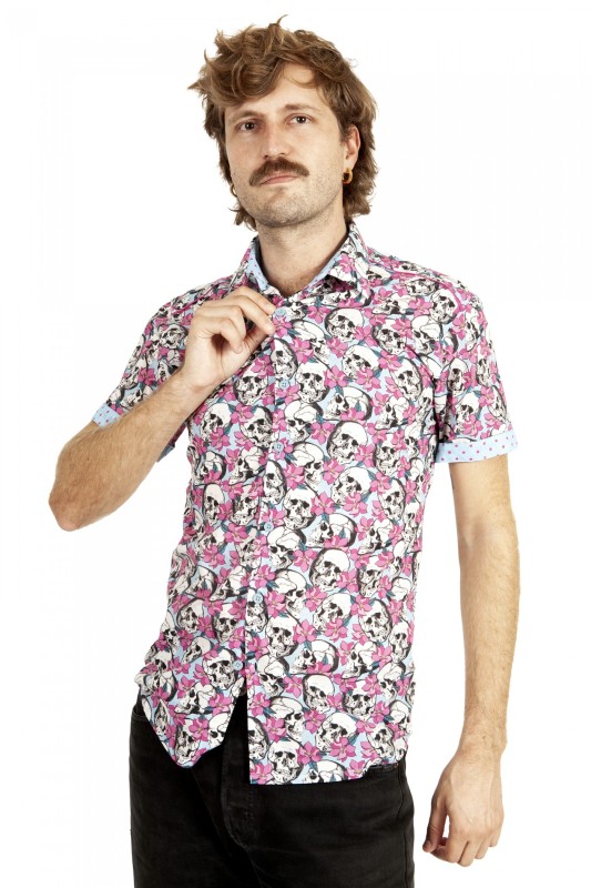Baïsap - Chemise Crâne - manche courte - Chemise rose et bleu fleurs et crânes 