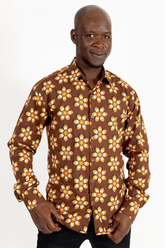 Baïsap - Vintage floral shirt men - Kitsch - Brown and orange shirt cotton made 