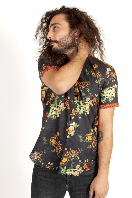 Baïsap - Black orange shirt - Halloween - Black floral shirt short sleeve 