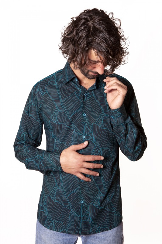 Baïsap - Chemise Feuilles Bleues - Chemise slim fit homme