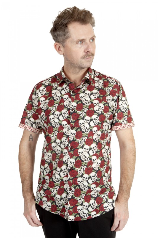 Baïsap - Camisa de calaveras manga corta - Tatoo - Camisa flores rosas y calaveras estilo tatuaje 