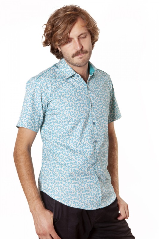Baïsap - Leopard Hemd kurzarm - Türkis - Blaues Hemd mit Muster Herren 
