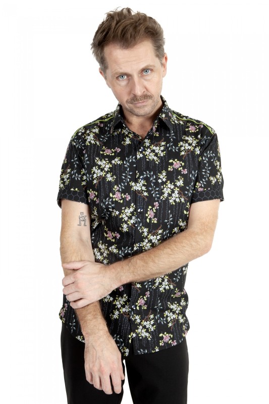 Baïsap - Camisa flores negra manga corta - Jazmín - Camisa manga corta slim fit masculina 