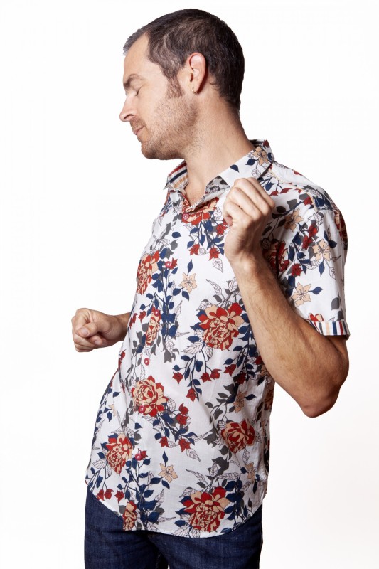 Baïsap - White floral shirt short sleeve - Peony - Fitted short sleeve shirts for men 