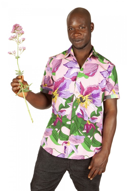 Baïsap - Pink flowery shirt - Colchicum - Thick cotton shirt short sleeve 