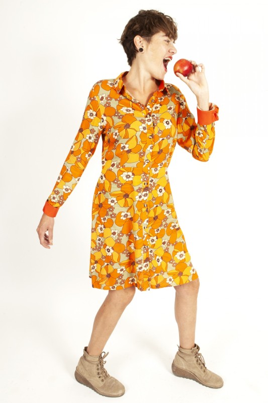 Baïsap - Vestido camisero Naranja - Flores - Vestido camisero corto manga larga
