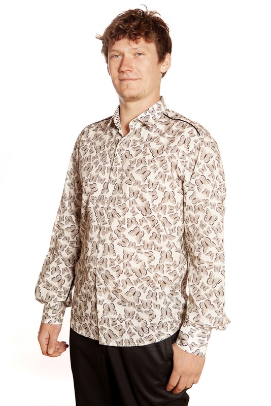 Baïsap - Butterfly shirt mens - Swarm - Cream printed shirt, light cotton 